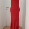 Langes rotes figurbetones Abend-Ballkleid mit Ast-Optik, verziert mit Strasssteinen, Wasserfall-Ausschnitt, Träger im Rücken gekreuzt, Schleppe
