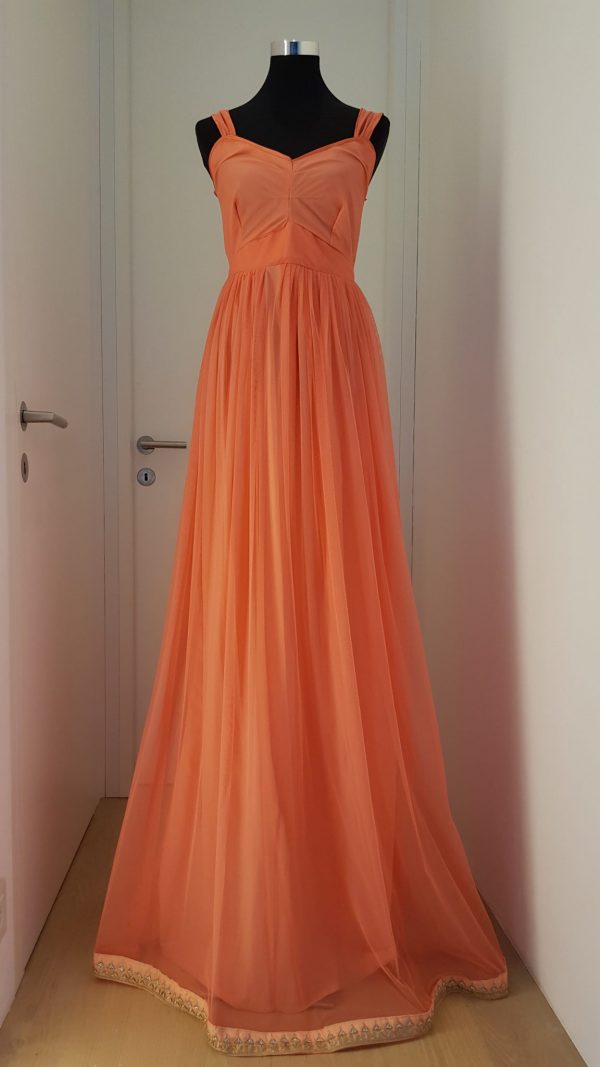 Bodenlanges leichtes Paillettenkleid mit Netzteil im V-Ausschnitt, orange