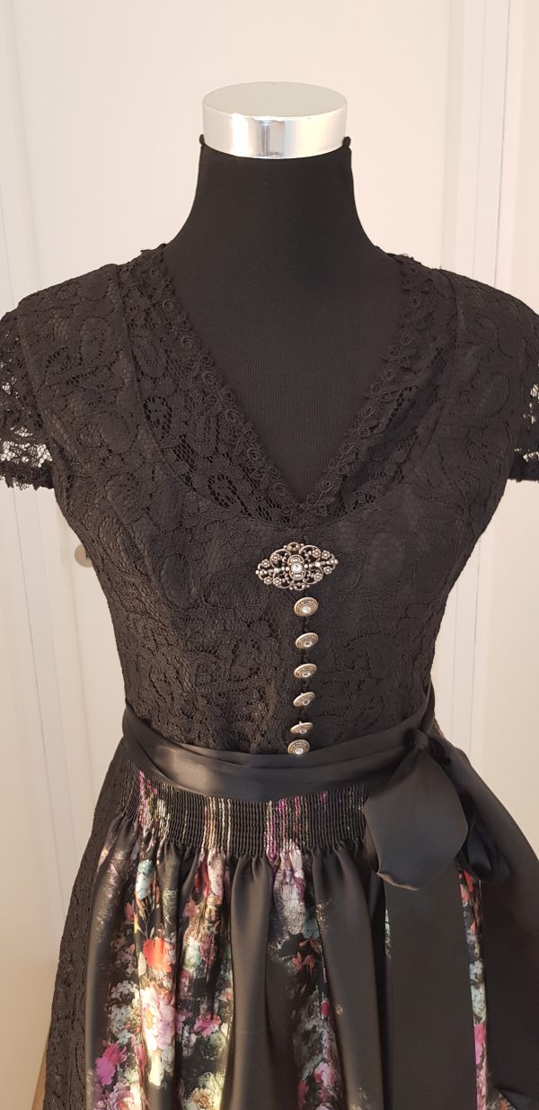 schwarzes Spitzen Dirndl-Trachtenkleid, Zippverschluß, mit bunter Schürze
