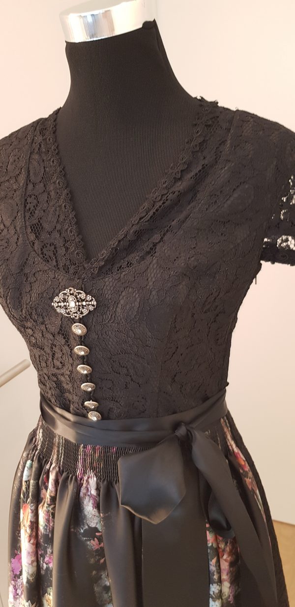 schwarzes Spitzen Dirndl-Trachtenkleid, Zippverschluß, mit bunter Schürze