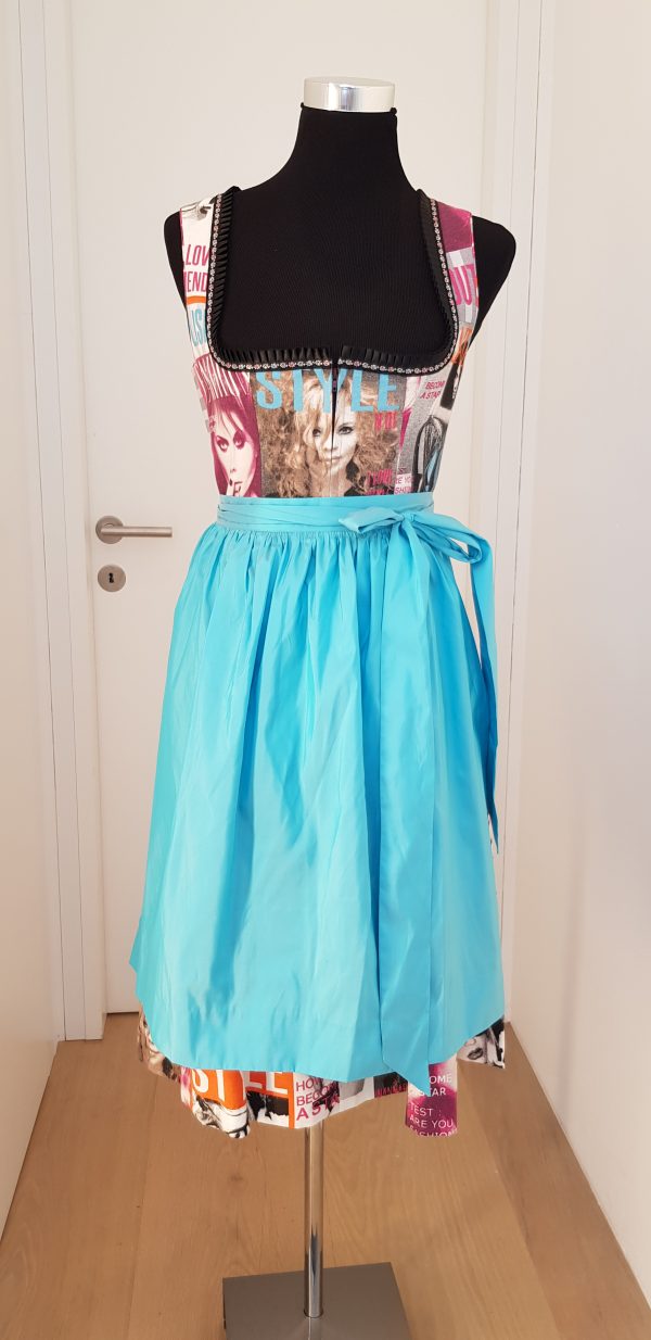 poppiges Dirndl im "STYLE" Design (Modemagazine), Dirndl mit Zippverschluß, weißer Bluse und blitzblauer Schürze
