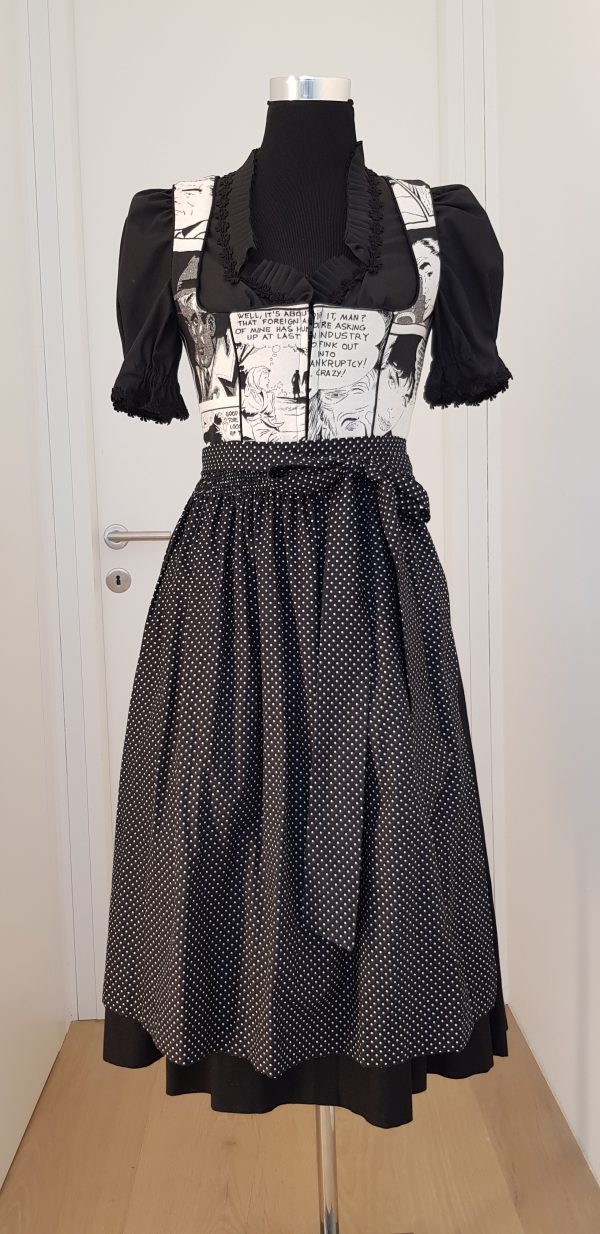 poppiges Dirndl im "Roy Lichtenstein" Design (Comicszenen), Dirndl mit schwarzer Rüschenbluse, schwarze Schürze mit weißen kleinen Punkten