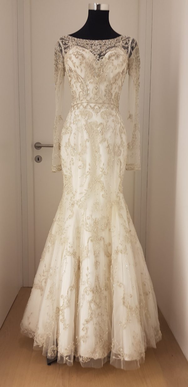 Aufwendig besticktes Ball-/Brautkleid/Ballrobe in gebrochenem Weiß, Bustier mit wunderschöner Verarbeitung des Musters, transparent, lange Ärmel