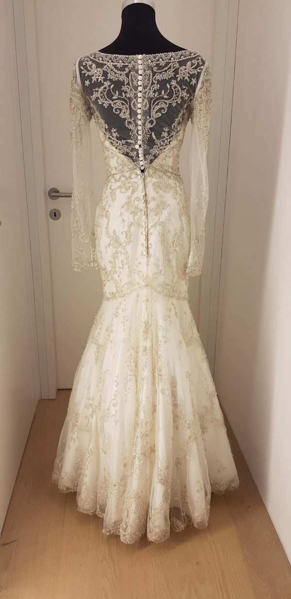 Aufwendig besticktes Ball-/Brautkleid/Ballrobe in gebrochenem Weiß, Bustier mit wunderschöner Verarbeitung des Musters, transparent, lange Ärmel