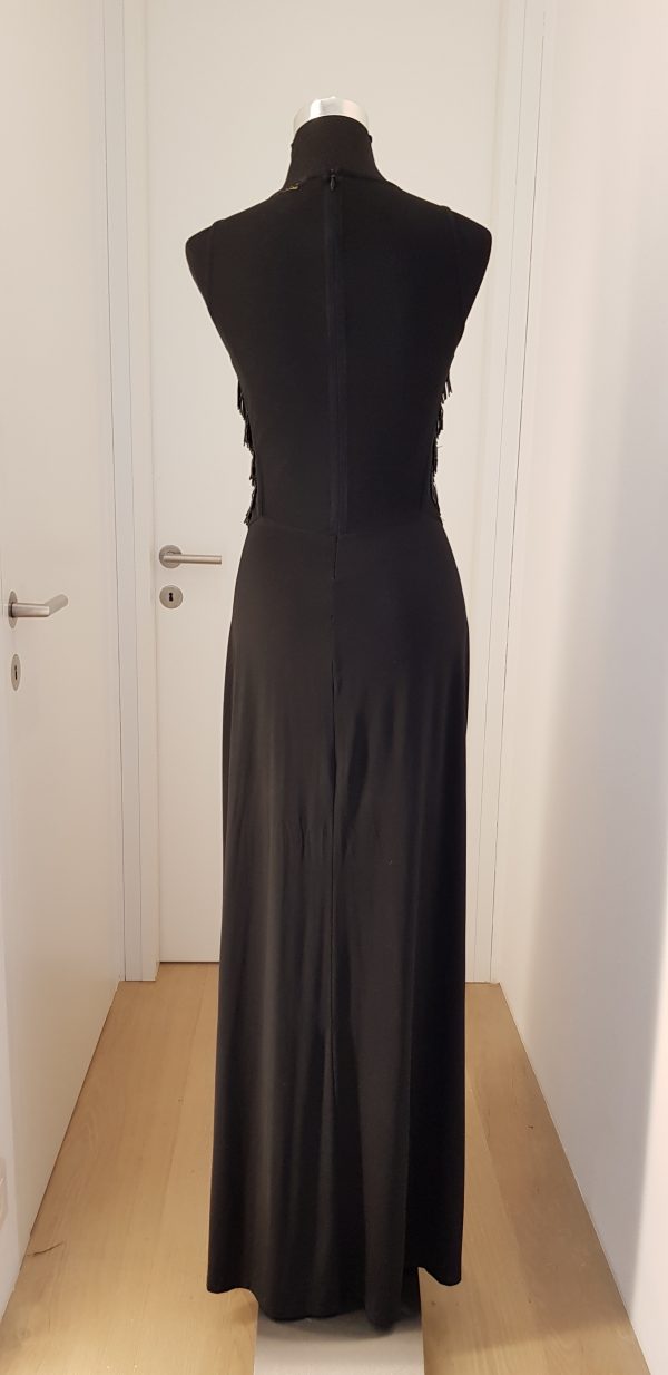 Schwarzes bequemes Abendkleid mit schwarzen Strasssteinen im Fransenlook, Rücken transparent mit Stretchnetz