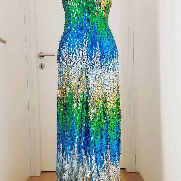 Langes Paillettenbustierkleid in blau, grün, silber, gold, mit eingearbeitetem BH Gr. A-B,