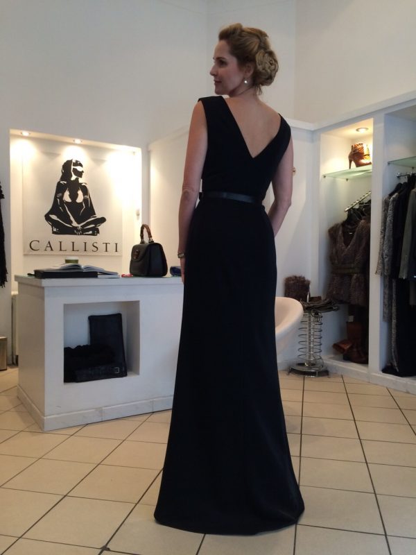Schwarzes, bodenlanges Abend-/Ballkleid in Wickeloptik, mit schwarzem Gürtel, Satin mit Nylon, schillert schön, V-Ausschnitt