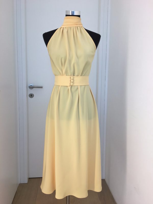 Edles Busines/Cocktailkleid in gelber Seide mit Gürtel, knielang, ärmellos