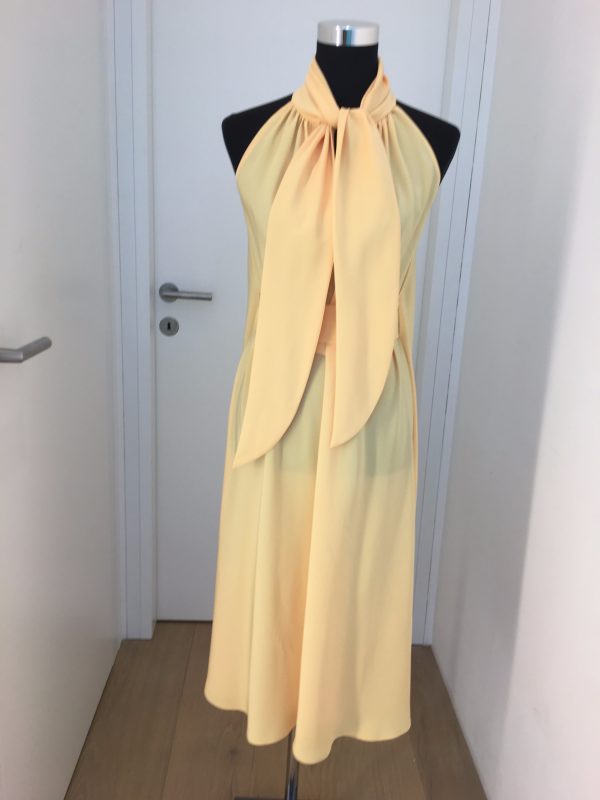 Edles Busines/Cocktailkleid in gelber Seide mit Gürtel, knielang, ärmellos