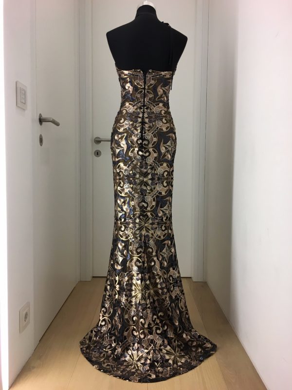 Figurbetontes langes Ballkleid mit Pailletten im Ornament-Design, gold-kupfer-dunkelblau, opulent