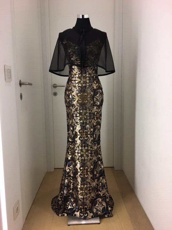 Figurbetontes langes Ballkleid mit Pailletten im Ornament-Design, gold-kupfer-dunkelblau, opulent