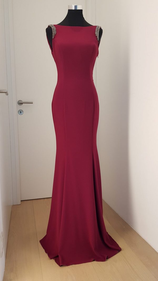 rotes, elegantes ärmelloses Stretch-Abendkleid mit Silber-/Metall Besatz am Ausschnitt, tiefer Rücken, Jersey, Stretch, sehr bequem