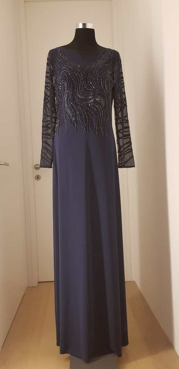 Edles dunkelblaues Ballkleid, bodenlang mit langen Ärmel, Oberteil mit weichem Tüll und Strasssteinen