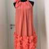 Entzückendes Neckholder Seidenkeid "Flamingo" mit nuden Strech Unterkleid, Blättchen am Saum